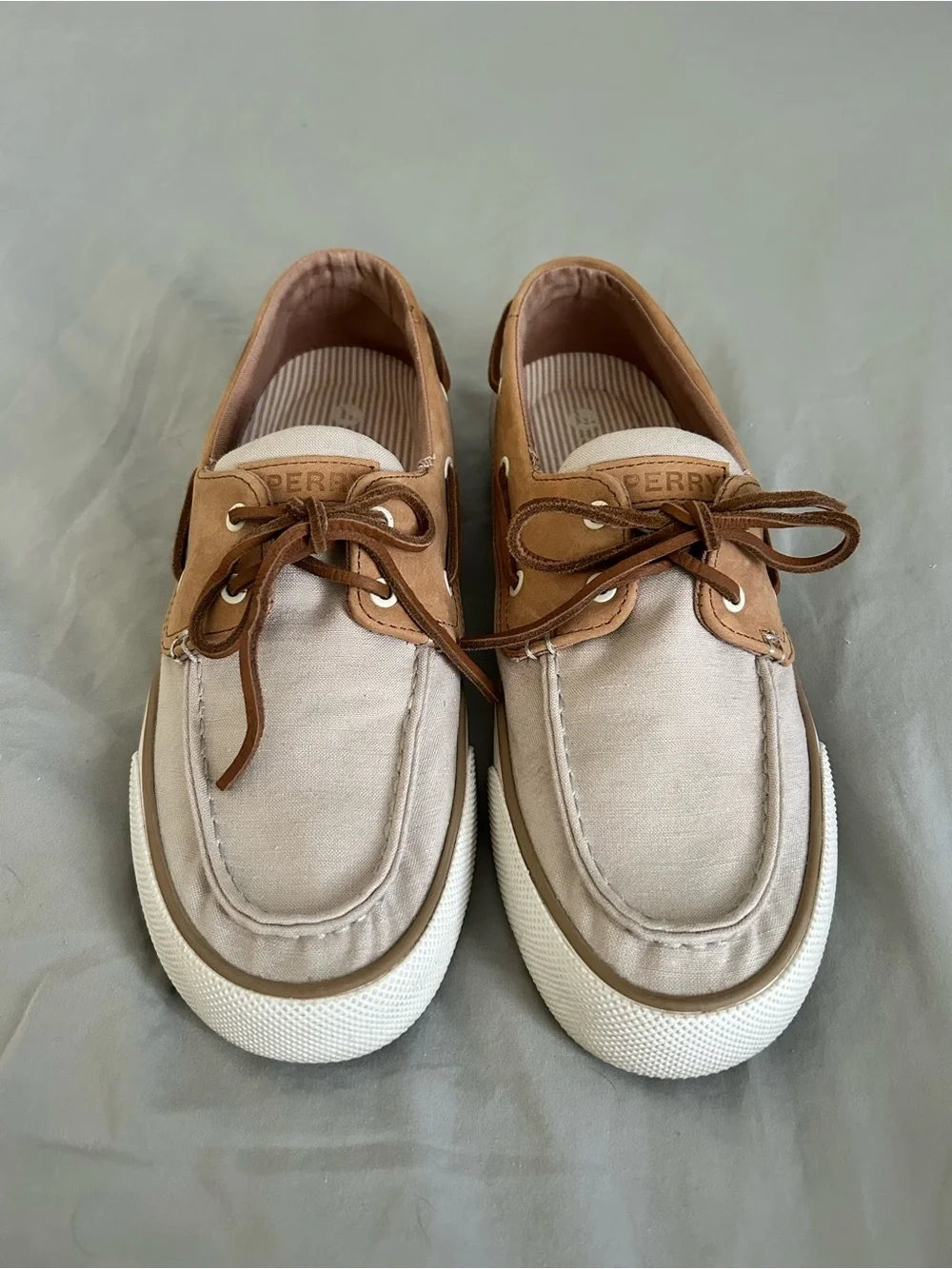 Sperry Two-Tone Beige Canvas and Brown Leather Boat Shoes